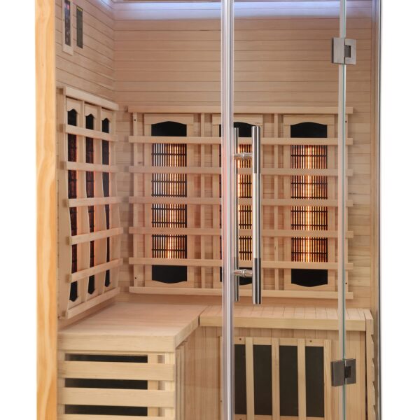 sauna ad angolo frontale vetrato ad infrarossi per due persone
