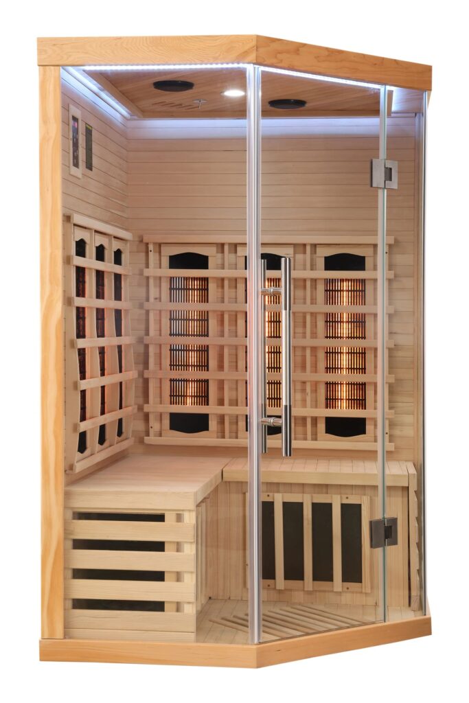 sauna ad angolo frontale vetrato ad infrarossi per due persone