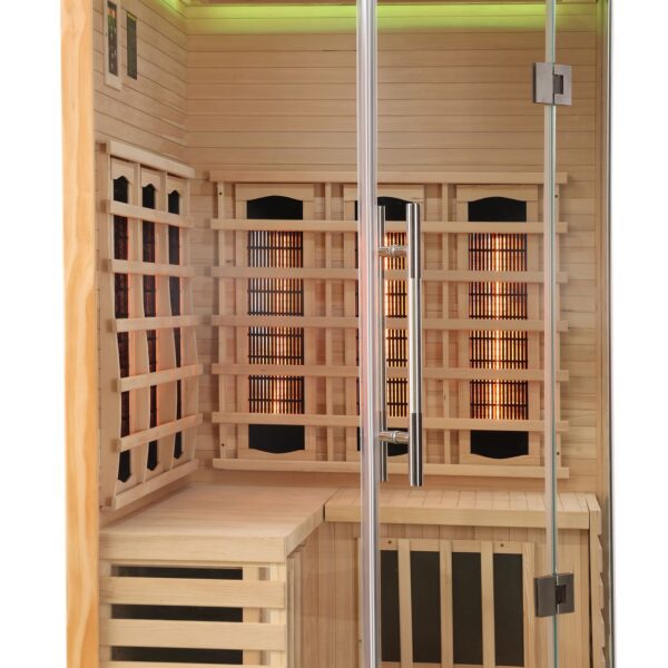 sauna ad angolo frontale vetrato ad infrarossi per due persone cromoterapia