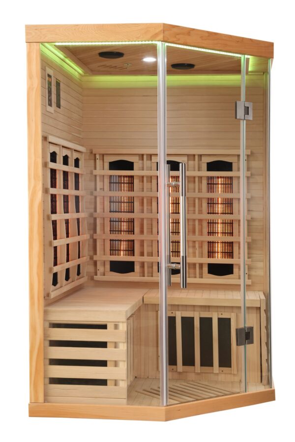 sauna ad angolo frontale vetrato ad infrarossi per due persone cromoterapia