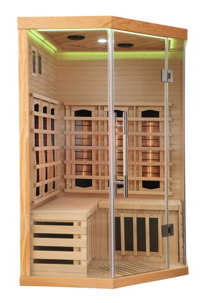 sauna ad angolo frontale vetrato ad infrarossi per due persone cromoterapia