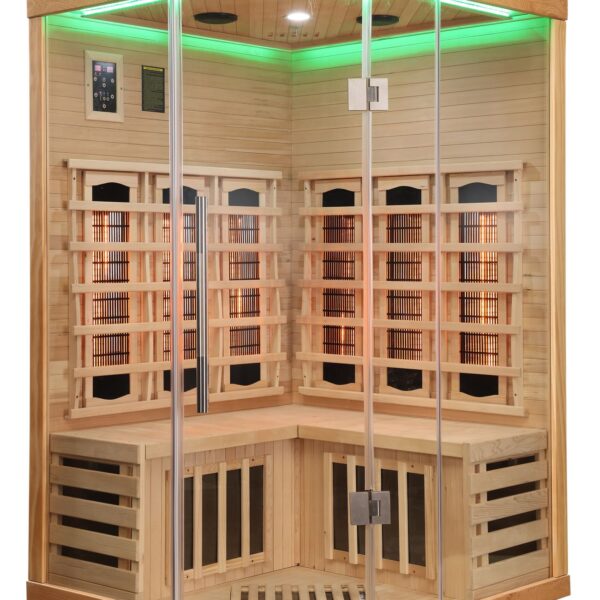 sauna ad angolo frontale vetrato ad infrarossi per due persone cromoterapia