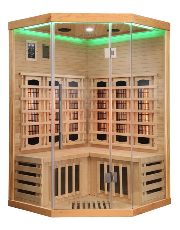sauna ad angolo frontale vetrato ad infrarossi per due persone cromoterapia