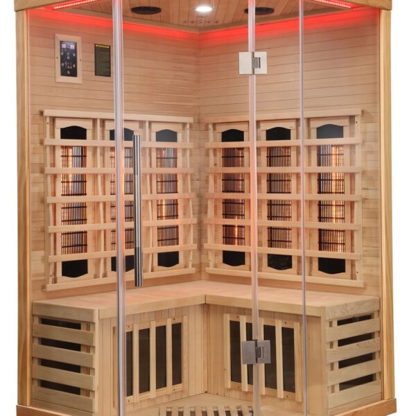 sauna ad angolo frontale vetrato ad infrarossi per due persone cromoterapia