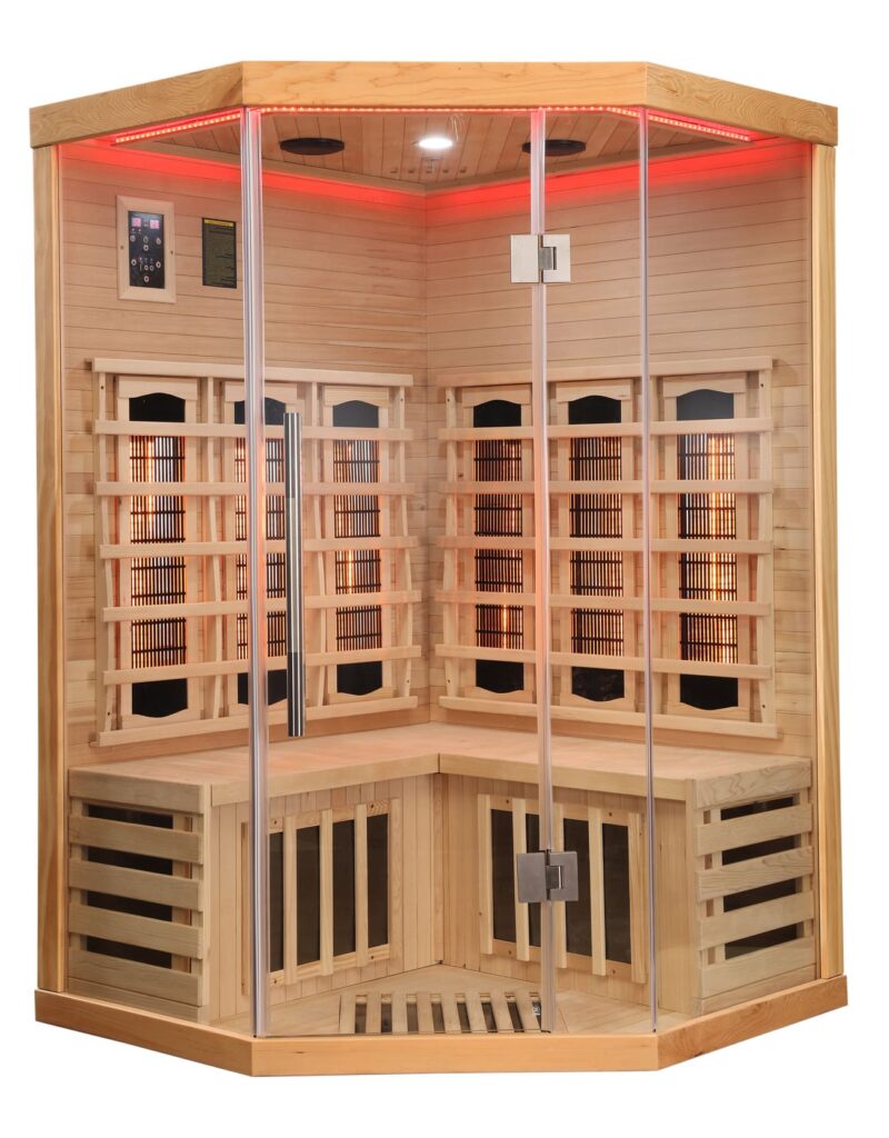 sauna ad angolo frontale vetrato ad infrarossi per due persone cromoterapia