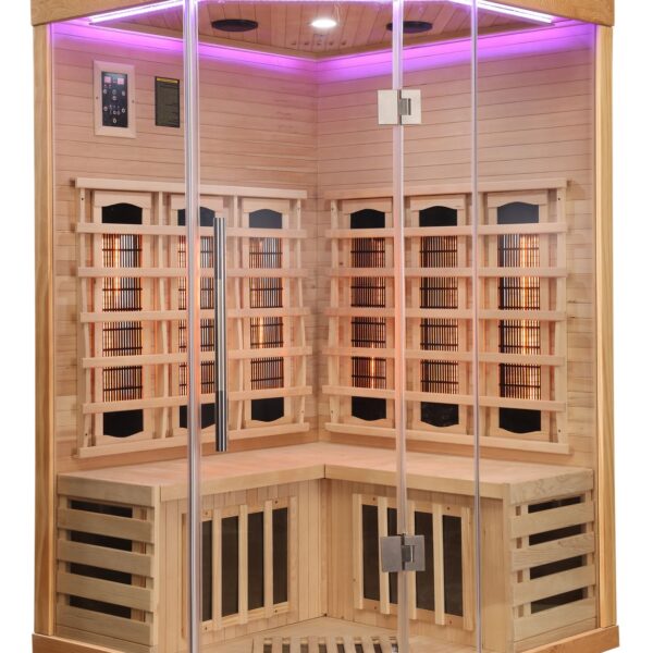 sauna ad angolo frontale vetrato ad infrarossi per due persone cromoterapia