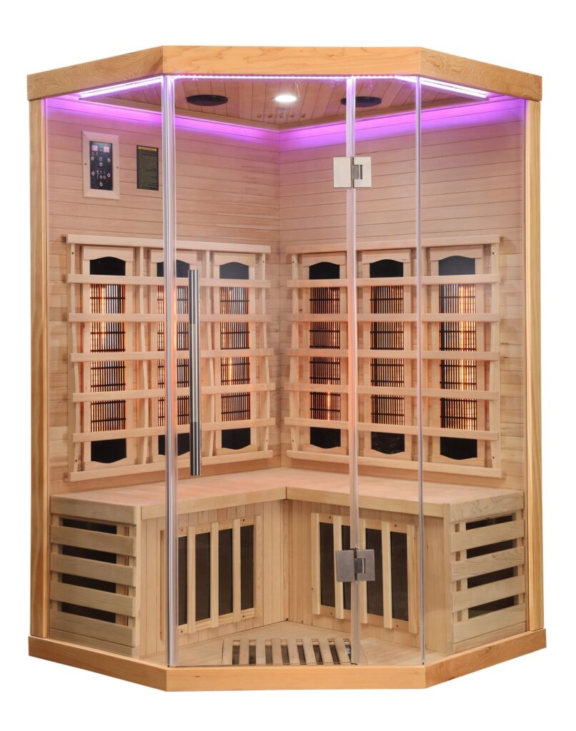 sauna ad angolo frontale vetrato ad infrarossi per due persone cromoterapia