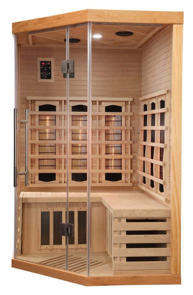sauna ad angolo frontale vetrato ad infrarossi per due persone radiatori vista laterale 2