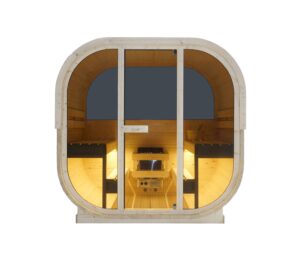 sauna da esterno cube a botte con vetrata frontale e posteriore