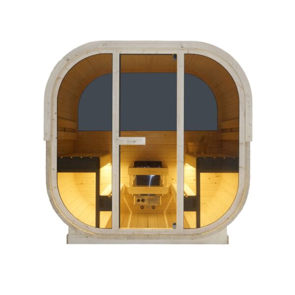 sauna da esterno cube a botte con vetrata frontale e posteriore