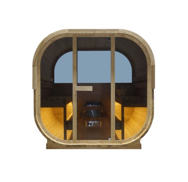 sauna da esterno a botte con doppia vetrata frontale e posteriore