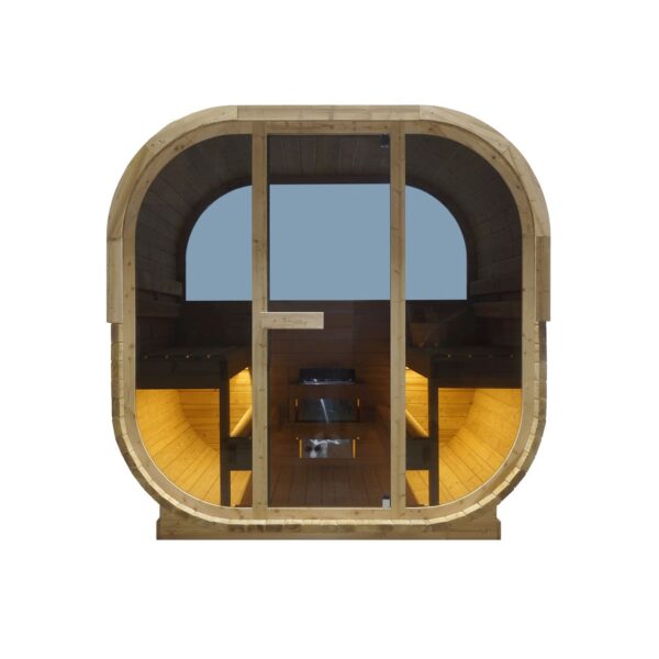 sauna da esterno a botte con doppia vetrata frontale e posteriore