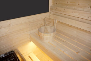 sauna da esterno cube a botte con vetrata frontale e posteriore