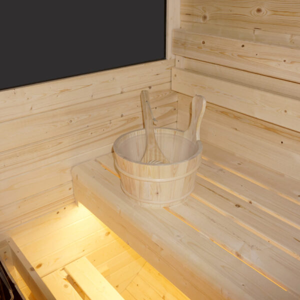 sauna da esterno cube a botte con vetrata frontale e posteriore