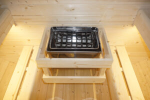 sauna da esterno cube a botte con vetrata frontale e posteriore