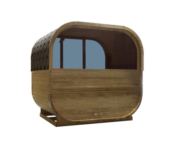 sauna da esterno a botte con doppia vetrata frontale e posteriore
