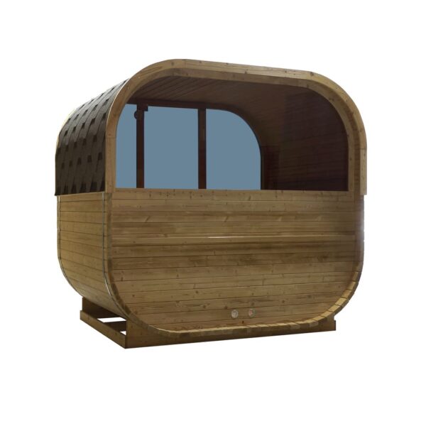 sauna da esterno a botte con doppia vetrata frontale e posteriore