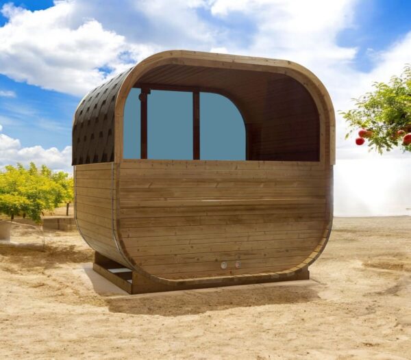 sauna da esterno a botte con doppia vetrata frontale e posteriore