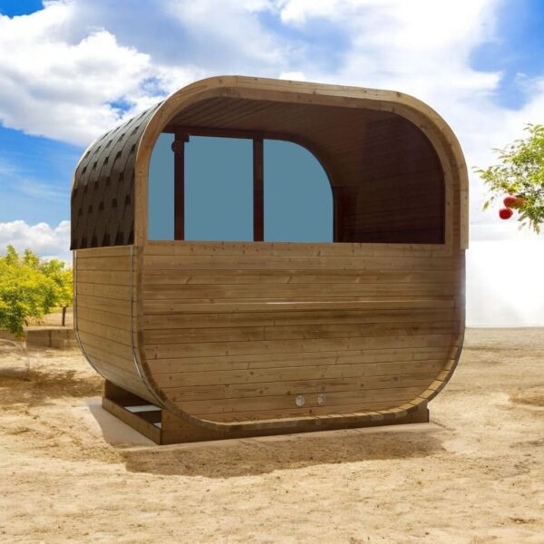 sauna da esterno a botte con doppia vetrata frontale e posteriore