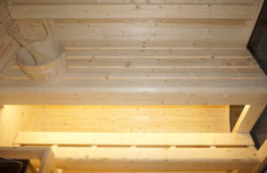sauna da esterno cube a botte con vetrata frontale e posteriore