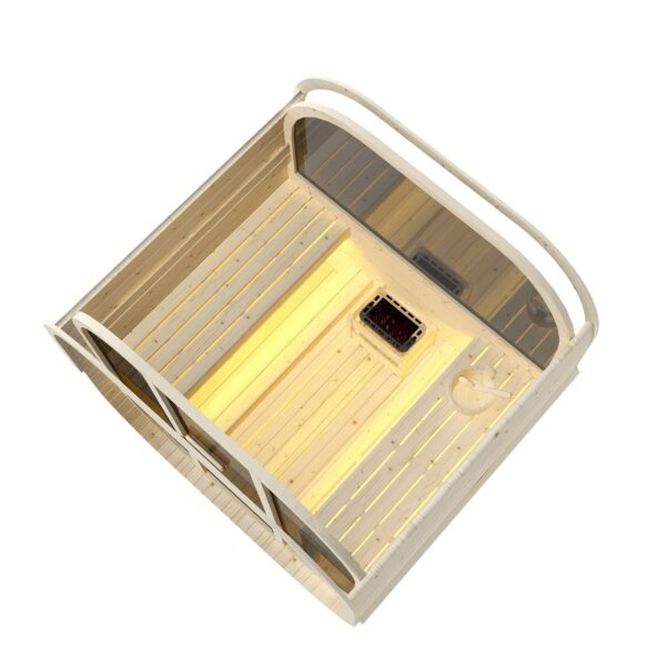 sauna da esterno cube a botte con vetrata frontale e posteriore