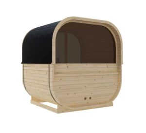 sauna da esterno cube a botte con vetrata frontale e posteriore