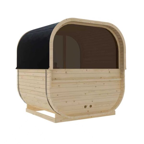 sauna da esterno cube a botte con vetrata frontale e posteriore