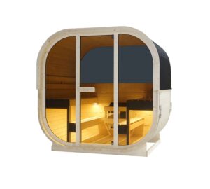 sauna da esterno cube a botte con vetrata frontale e posteriore