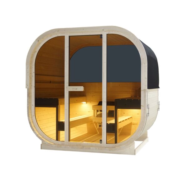 sauna da esterno cube a botte con vetrata frontale e posteriore