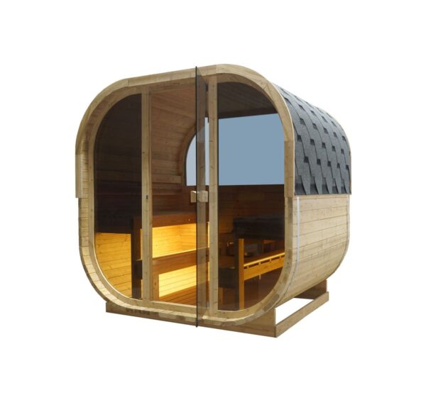 sauna da esterno a botte con doppia vetrata frontale e posteriore