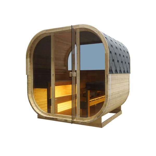 sauna da esterno a botte con doppia vetrata frontale e posteriore