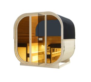 sauna da esterno cube a botte con vetrata frontale e posteriore