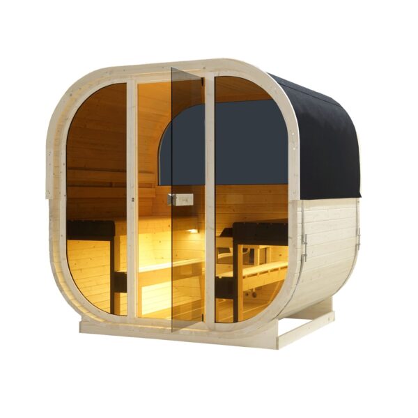 sauna da esterno cube a botte con vetrata frontale e posteriore