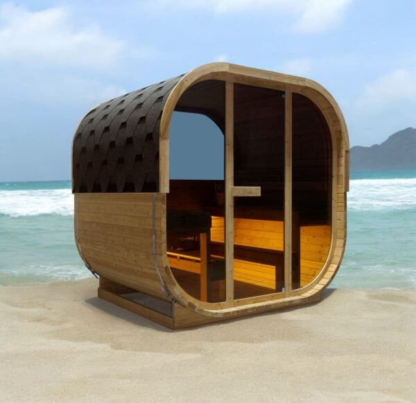 sauna da esterno a botte con doppia vetrata frontale e posteriore