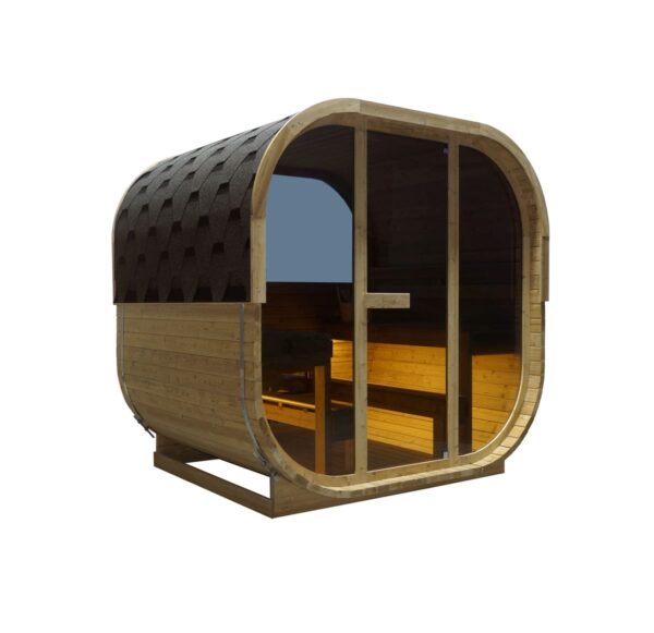 sauna da esterno a botte con doppia vetrata frontale e posteriore