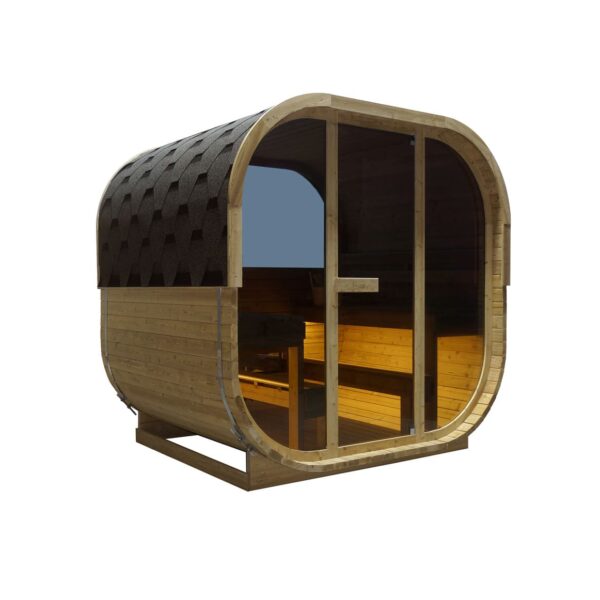 sauna da esterno a botte con doppia vetrata frontale e posteriore