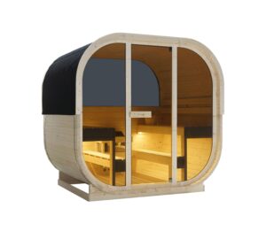 sauna da esterno cube a botte con vetrata frontale e posteriore