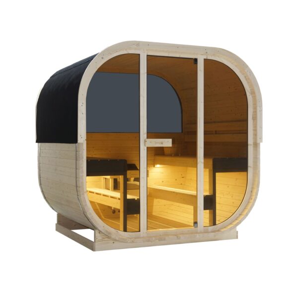 sauna da esterno cube a botte con vetrata frontale e posteriore