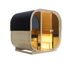 sauna da esterno cube a botte con vetrata frontale e posteriore
