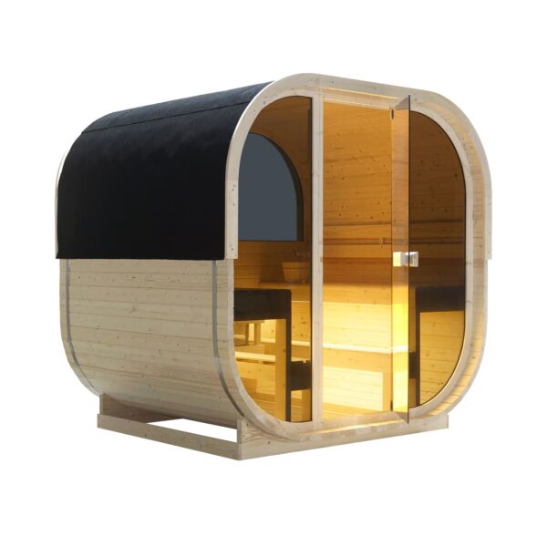 sauna da esterno cube a botte con vetrata frontale e posteriore