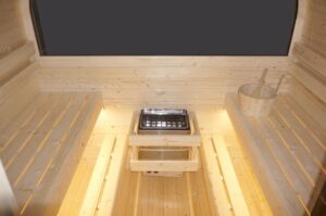 sauna da esterno cube a botte con vetrata frontale e posteriore