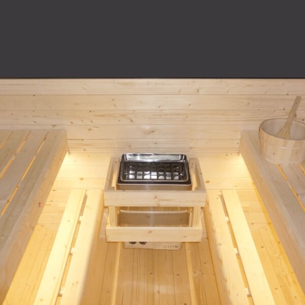 sauna da esterno cube a botte con vetrata frontale e posteriore