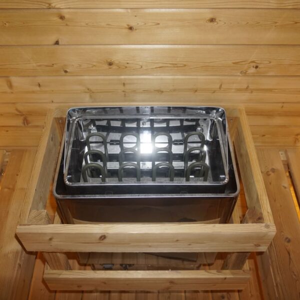 sauna da esterno a botte con doppia vetrata frontale e posteriore