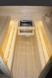 sauna da esterno cube a botte con vetrata frontale e posteriore
