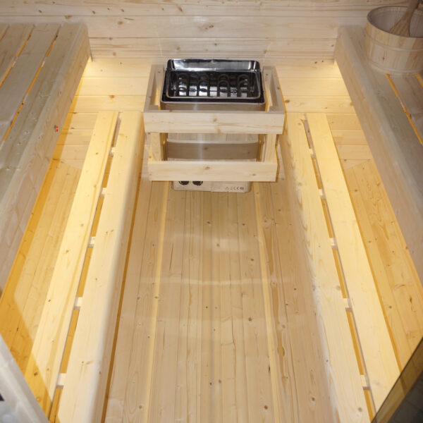 sauna da esterno cube a botte con vetrata frontale e posteriore