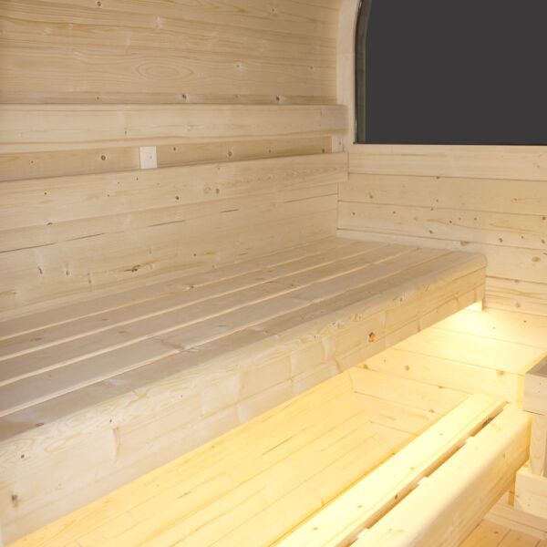 sauna da esterno cube a botte con vetrata frontale e posteriore