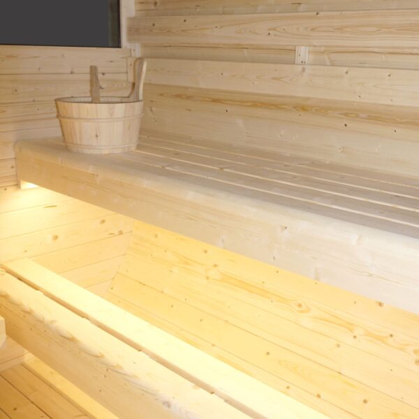 sauna da esterno cube a botte con vetrata frontale e posteriore