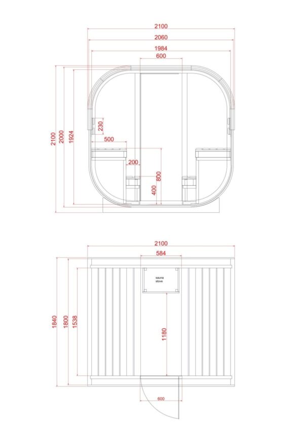 sauna da esterno a botte con doppia vetrata frontale e posteriore
