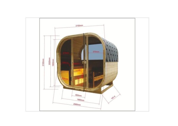 sauna da esterno a botte con doppia vetrata frontale e posteriore