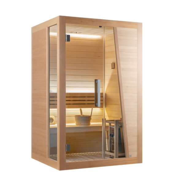 sauna finlandese economica per 2 persone in hemlock con stufa harvia e vetrata